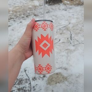 Southwestern Pattern Stainless Tumbler in White and Coral